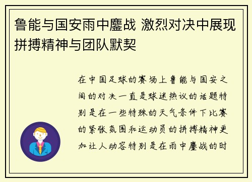 鲁能与国安雨中鏖战 激烈对决中展现拼搏精神与团队默契